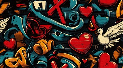 Obraz premium Graffiti pattern with colorful hearts, peace signs, and doves, intertwined with vibrant neon colors and abstract brushstrokes, layered on a textured urban wall,
