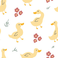 Cute Cartoon Duck Seamless Pattern, Vector Illustration Background