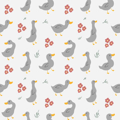 Cute Cartoon Duck Seamless Pattern, Vector Illustration Background