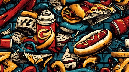 Graffiti pattern with hot dogs, pizza slices, and soda cans, intertwined with bright neon colors and abstract brushstrokes, layered on a textured urban wall,