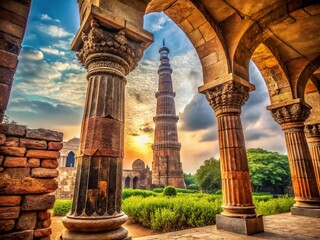 Vintage Style Photography of Intricate Carving Pillars at Qutub Minar, Delhi - Architectural Heritage and Historical Significance