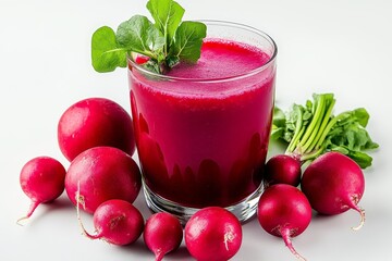 Peppery and Tangy Radish Juice with Fresh Radishes on white