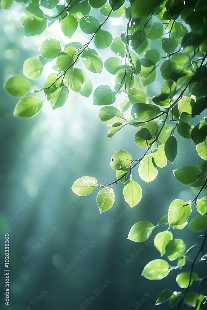 Aufkleber A serene view of green leaves illuminated by soft sunlight filtering through, creating a peaceful and natural atmosphere.