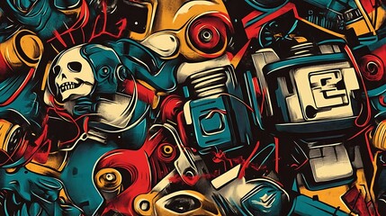 Obraz premium Graffiti pattern with robotic figures, AI-inspired symbols, and futuristic digital icons, surrounded by vibrant neon lines and glowing data streams, set against a dark urban backdrop,