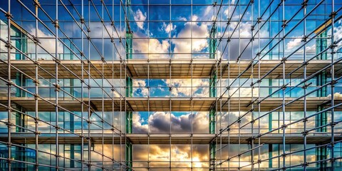 Obraz premium Reflection of the sky on a mirror facade with scaffolding