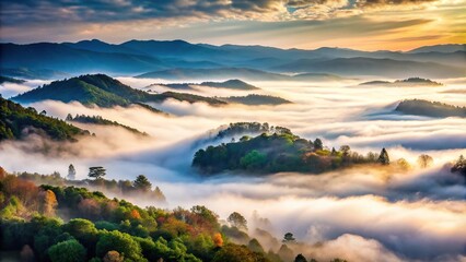 Naklejka premium Mystical landscape with dense fog and valleys