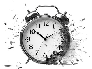 Conceptual image of a classic alarm clock shattering, symbolizing time passing quickly or urgency.