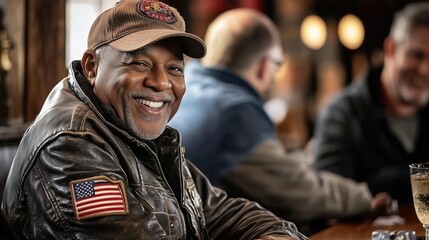 Fototapeta premium A smiling Black senior veteran wearing a leather jacket with an American flag patch and a military hat sits at a bar in a lively pub. Surrounded by others, the atmosphere is warm and welcoming, with t