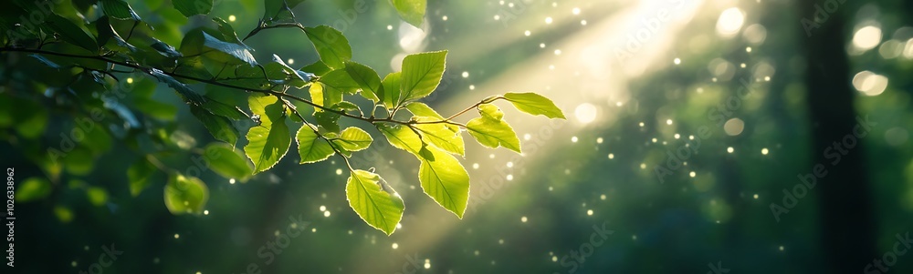 Poster sunlight filters through leaves, creating a serene atmosphere accentuated by droplets of water, enha