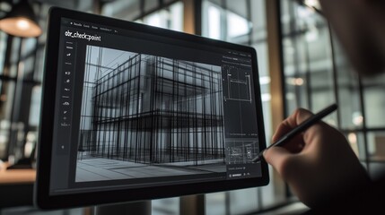 A hand uses a stylus on a tablet to edit a 3D model of a building.