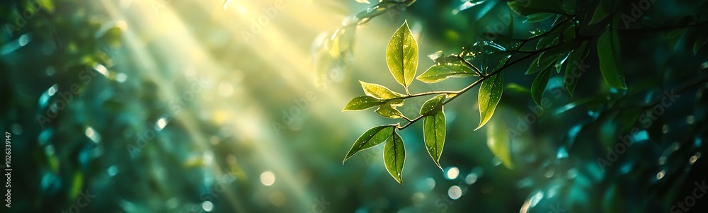 Aufkleber lush green leaves illuminated by radiant sunlight filtering through a forest canopy, creating a sere