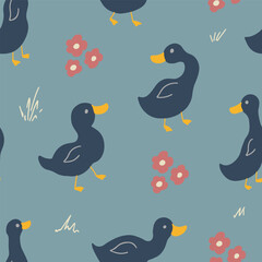 Cute Cartoon Duck Seamless Pattern, Vector Illustration Background