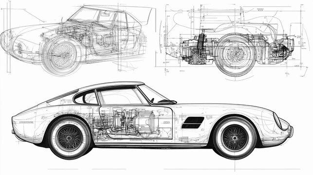 Auto blueprint in a technical drawing style, showcasing detailed schematics of a car.