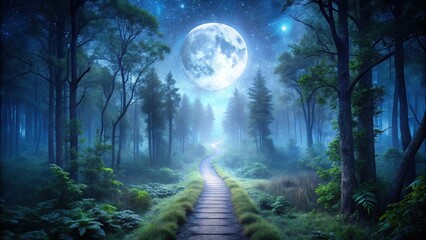 Mystical moonlit forest path leading to the unknown
