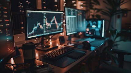 Modern Workspace with Data Visualizations at Night