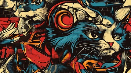 Obraz premium Graffiti-inspired pattern featuring cats with mischievous expressions, energetic dogs, and fluttering birds, surrounded by vivid colors and glowing neon accents,