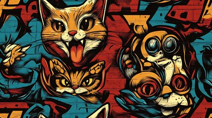 Obraz premium Graffiti-inspired pattern featuring cats with mischievous expressions, energetic dogs, and fluttering birds, surrounded by vivid colors and glowing neon accents,