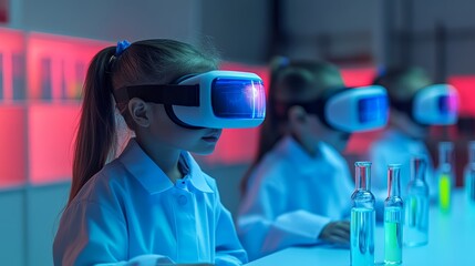Young girls in lab coats wearing VR headsets, engaged in a futuristic science experiment.