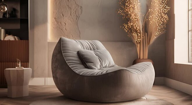Modern Living Room Interior Design with Plush Armchair and Decorative Grass