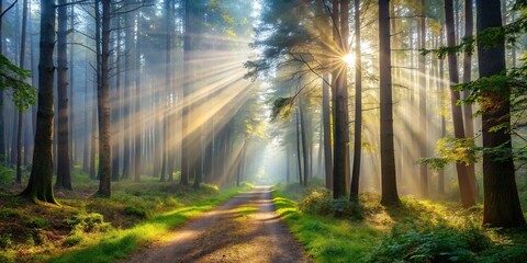 Mystical morning walk in misty forest with sunbeams