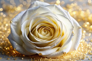 Elegant White Rose with Gold Glitter for Stunning Floral Decorations and Creative Backgrounds in Photography and Design