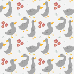 Cute Cartoon Duck Seamless Pattern, Vector Illustration Background