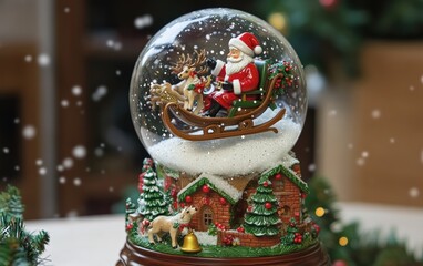 A fun 3D snow globe featuring Santa Claus flying over a tiny village in his sleigh, with reindeer leading the way. Snow gently falls around the scene,
