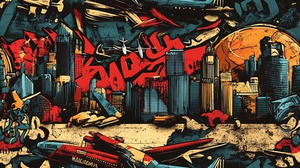 Obraz premium Graffiti-inspired pattern featuring iconic cityscapes, airplanes, and globes, surrounded by vibrant colors and glowing neon accents, spray-painted on a rough city wall,