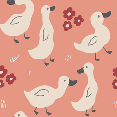 Cute Cartoon Duck Seamless Pattern, Vector Illustration Background