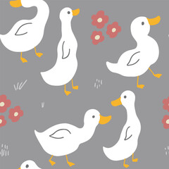 Cute Cartoon Duck Seamless Pattern, Vector Illustration Background