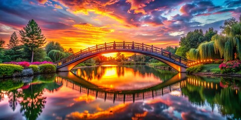 Naklejka premium Enchanting Wish Bridge at Sunset: A Serene Spot for Hope, Dreams, and Reflection in Nature's Embrace