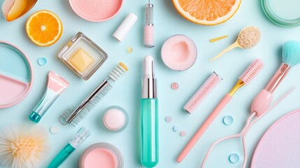 Flat lay of various skincare tools and products, including a facial roller, serum, and scrub, all neatly arranged on a pastel background.