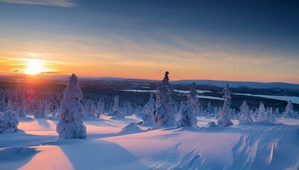 arctic sunrise over snowy ski slopes iso syote lapland finland