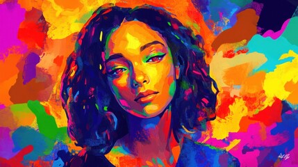 A vibrant digital painting of a woman with colorful abstract background.