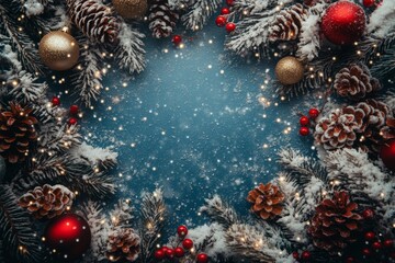 Merry Christmas and Happy Holidays greeting card, frame, banner. New Year. Noel. Snow Christmas tree light background.