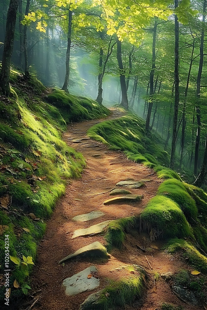 Aufkleber A serene forest path enveloped in greenery and soft sunlight, inviting exploration and connection with nature.