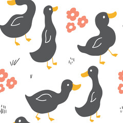 Cute Cartoon Duck Seamless Pattern, Vector Illustration Background