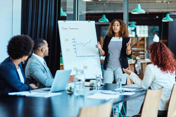 Presentation, group and business woman with data for market share increase, metrics and stats in...