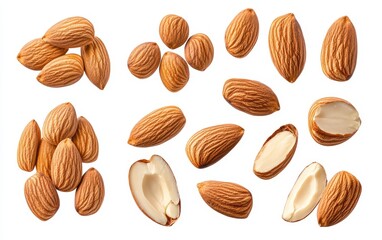 A high-resolution image of fresh, whole almonds isolated on a pure white background. Each almond is detailed with its smooth brown skin
