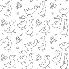 Cute Cartoon Duck Seamless Pattern, Vector Illustration Background