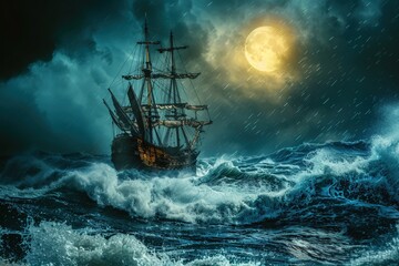 A ship is in the middle of a stormy sea, with waves crashing against it, generative ai image