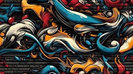 Graffiti-inspired pattern featuring whales, colorful fish, and swirling waves, surrounded by vivid colors and glowing neon brushstrokes, spray-painted on a textured urban wall,