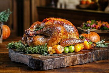 Juicy garnished turkey on wooden board surrounded by autumn vegetables evokes a cozy Thanksgiving atmosphere room