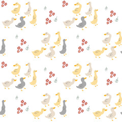 Cute Cartoon Duck Seamless Pattern, Vector Illustration Background