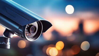 close up of cctv camera over defocused background with copy space