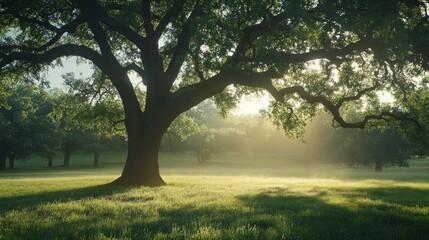 Obraz premium A majestic oak tree stands tall in a grassy field, bathed in the golden light of sunrise, with other trees in the background.