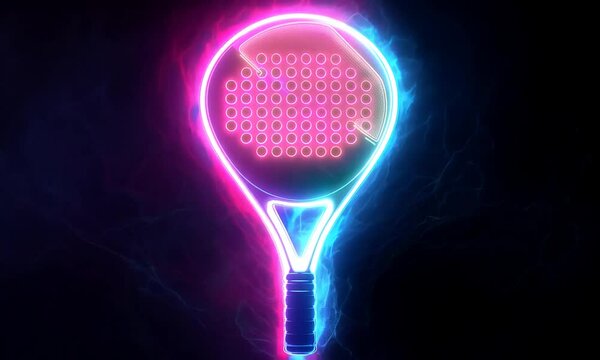 Padel tennis racket in neon lights. Background with copy space. Mockup for padel event tournament design. Open tour.