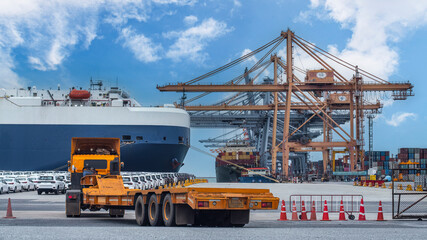 Logistics container dock cargo yard with working crane bridge in shipyard with transport logistic...