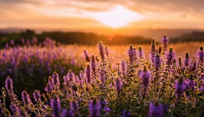 Obraz premium close up of purple flowers growing on field during sunset
