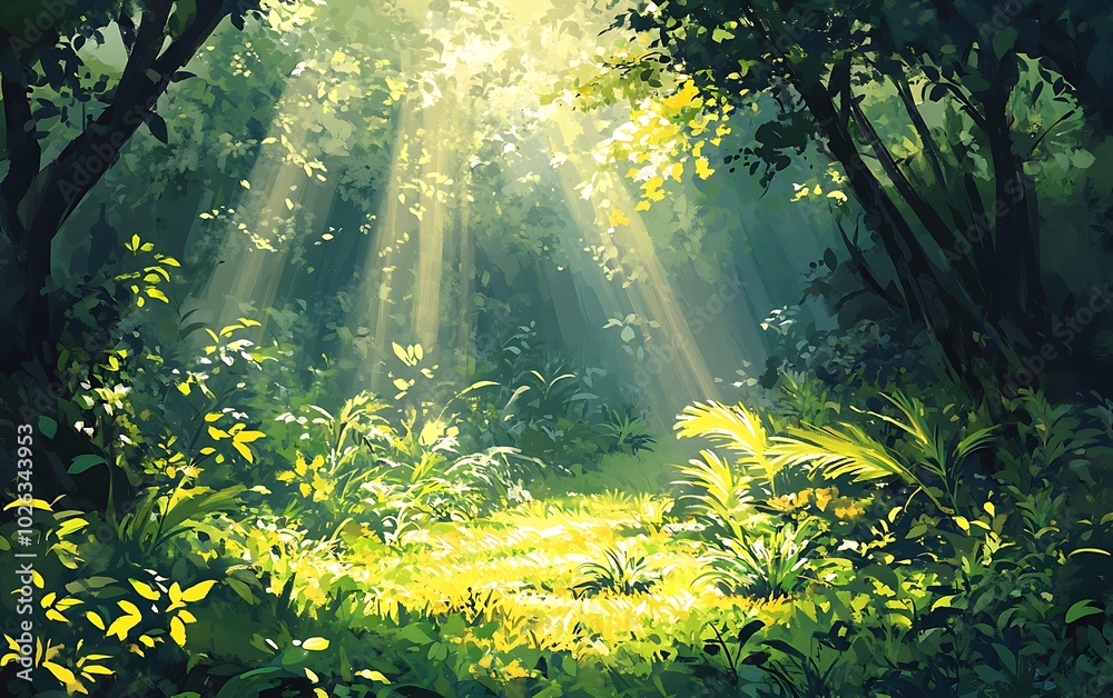 Poster a serene forest scene illuminated by sunlight filtering through trees, creating a tranquil and magic